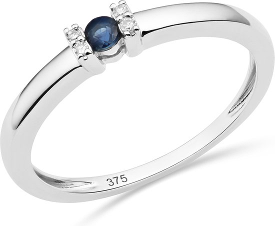 Miore - Ring pour femme avec saphir bleu naturel et diamants - 9 carats - Couleur or blanc