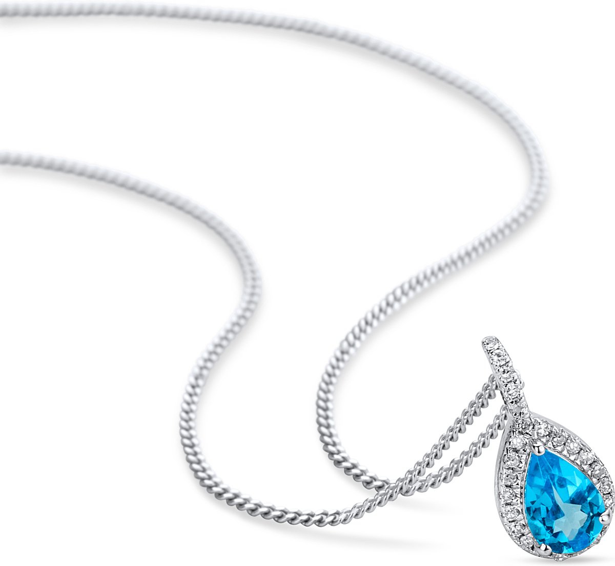 Miore Pure Collier Ketting – 9 Karaat - Zilverkleurig - met Diamanten en Blauwe Topaas