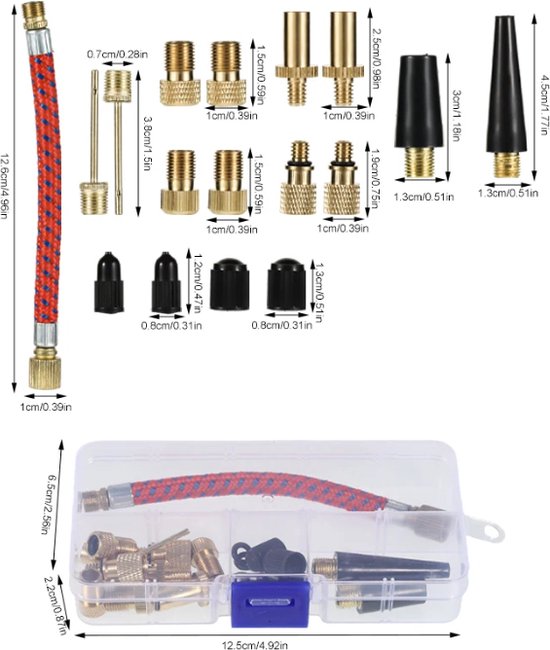 TLVX Ventiel adapters en doppen set 17 stuks met opbergdoosje / Balnaalden / Ventiel Adapter Elektrische Fiets / Step banden / Fatbike / E-Scooter / Voetbal / Autoband / Fietsband / Oppompen / Compressor / Voetpomp verloopstuk / Luchtbed / Universeel — afbeelding 3