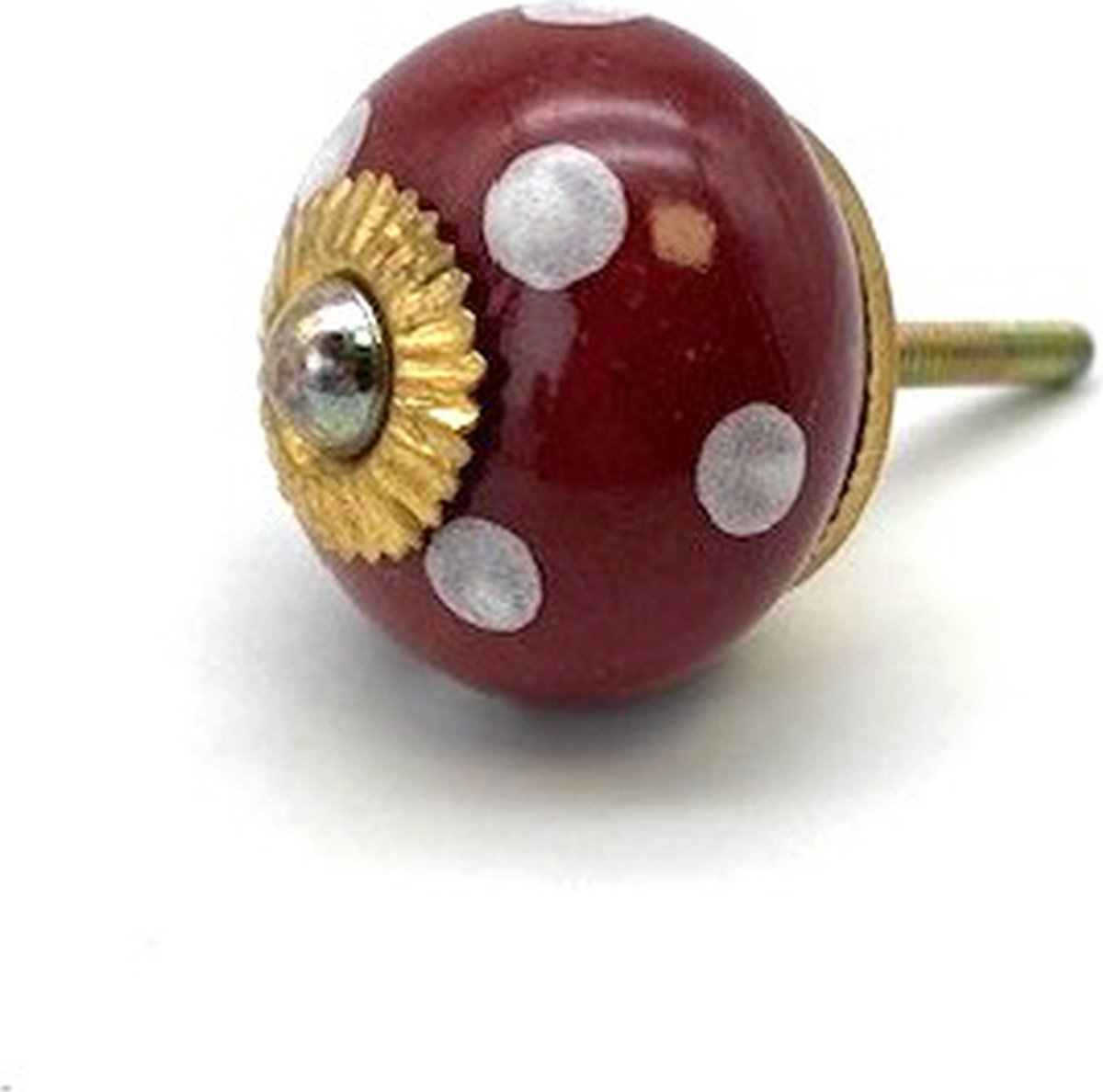 Porseleinen Knop Bordeaux Rood met witte stippen 40mm handgeschilderd
