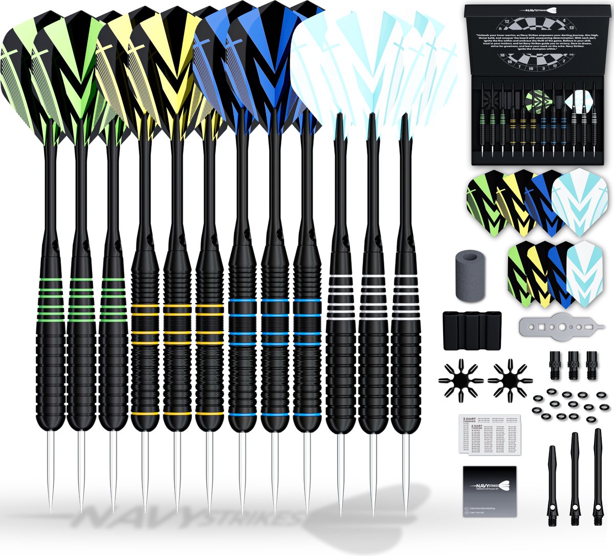 Navy Strikes Dartpijlen Set 23 24 Gram - 108 Delige Set - 12 Dartspijlen - 2 Soorten Grip - Flights Darts en Dart Shafts - Darten - Smal - Incl Add-a-Gram 25 Gram