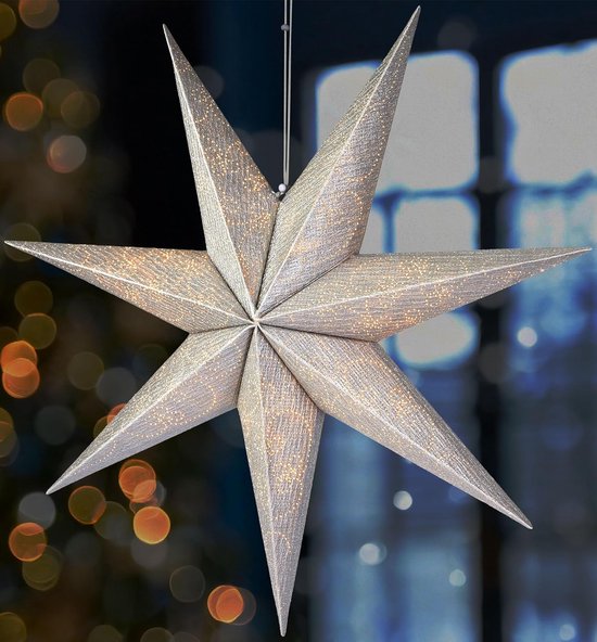 BRUBAKER 60 cm Kerstster voor Binnen - Adventster met E14 Voet om op te Hangen - Raamverlichting Ster om op te Hangen - Kerstster Set met 3,5 m Kabel - 3D Papieren Ster Decoratie - Zilver