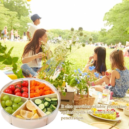 iTYOOS Snackbox, Snackbak met Deksel, Verdeelde Dienblad met Deksel en Handvat, Snackbox met Vakken, Reissnackbox voor Vliegtuig, Multifunctionele Snackbox met 8 Stuks Roestvrijstalen Vorken