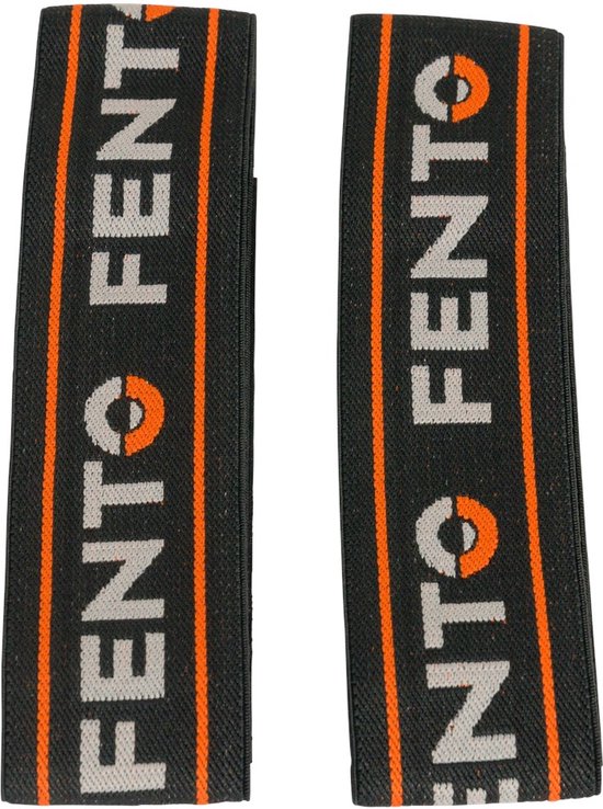 Twee FENTO elastieken op een donkergrijze ondergrond met oranje strepen en witte FENTO-letters.
