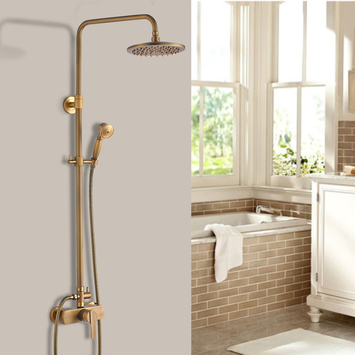 Auralum max Regendouche - Retro ééngreeps Doucheset - Regendouche en Handdouche - Antiek Koper - Hoogte Verstelbaar 96-135 cm - RVS - Waterbesparend