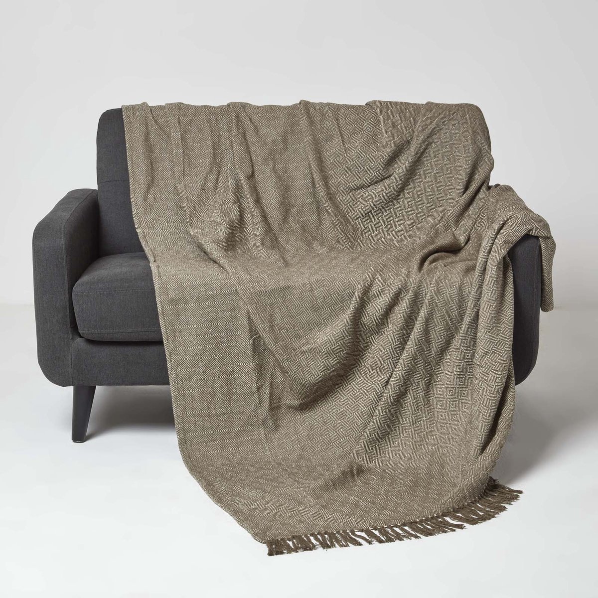 Homescapes Malda sprei XXL 255 x 360 cm, bruin met franjes - katoenen deken ruitpatroon