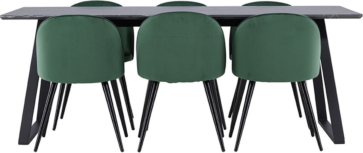 Malaga eethoek eetkamertafel 90x200cm donkergrijs en 6 Skagen stoel velours groen.