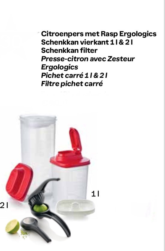 Tupperware citroenpers met rasp ergo en schenkkanvierkant 1L & 2Lmet filter van Tupperware — afbeelding 4
