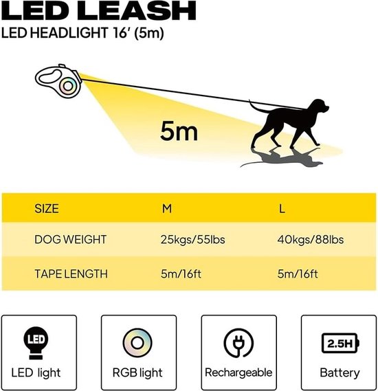 LumiLeash - Automatische intrekbare hondenriem met LED-licht LumiLeash - Automatische intrekbare hondenriem met LED-licht