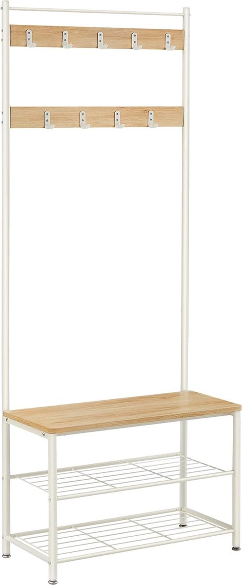 FurnStar - Kapstok - kapstok met schoenenopbergbank - halboom met schoenenrek - 3-in-1 ontwerp - stalen frame - voor hal - entree - 32 x 70 x 177 cm - industrieel - rustiek walnoot en zwart