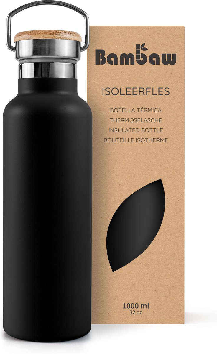 Bambaw® 1 Liter RVS Thermosfles - Isoleerfles, Dubbelwandig, Lekvrijen, loodvrij en Plasticvrij Geïsoleerde Fles met Bamboe Deksel voor Warme en Koude Dranken - Ideaal voor Reizen, Werk, Yoga, Wandelen en Dagelijks Gebruik – zwart