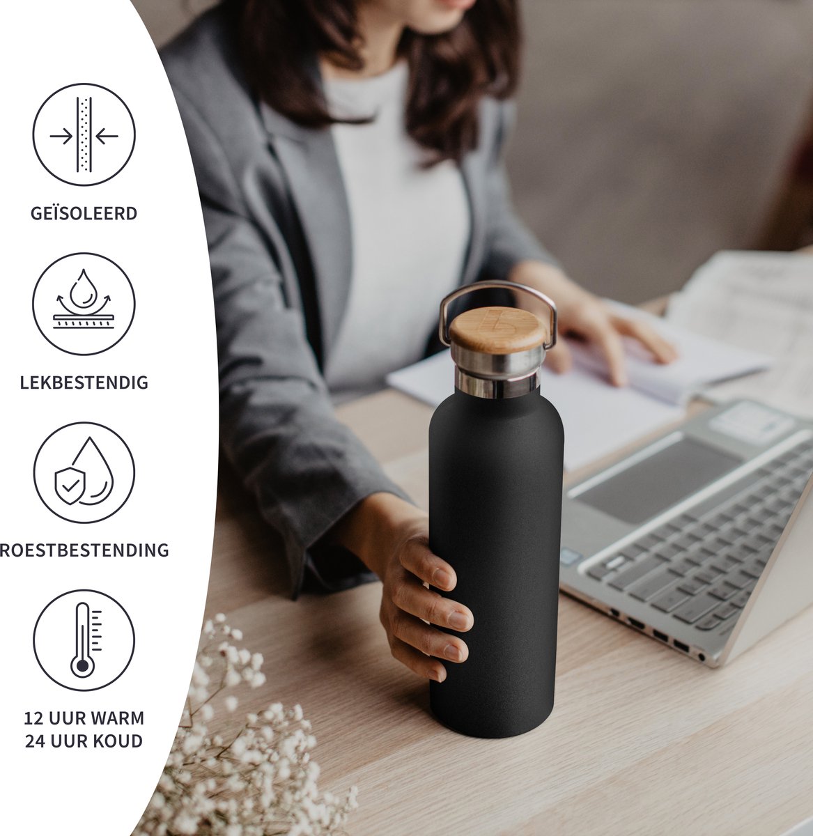 Bambaw® 1 Liter RVS Thermosfles - Isoleerfles, Dubbelwandig, Lekvrijen, loodvrij en Plasticvrij Geïsoleerde Fles met Bamboe Deksel voor Warme en Koude Dranken - Ideaal voor Reizen, Werk, Yoga, Wandelen en Dagelijks Gebruik – zwart — cadeau in Sport & Outdoor - foto 3