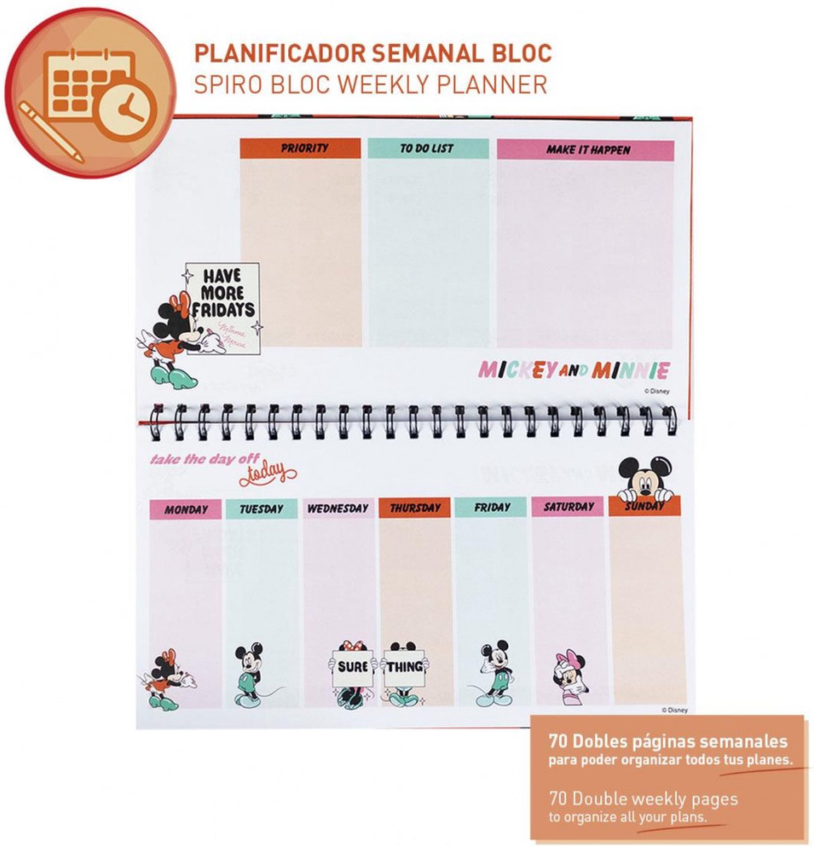 Disney Planner Minnie Mouse - Weekplanner met Mickey and Minnie Design - Spiraalbinding - Gemaakt van Stevig Papier - Handig Formaat - Afmeting 30,7 x 17,5 x 1 cm - Kleur Rood