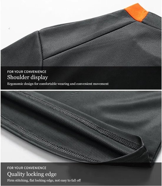 Gedetailleerde weergave van een donkergrijs sportshirt met oranje accenten op de schouder en zoom. Ergonomisch ontwerp voor comfort en bewegingsgemak. Stevige locking rand.
