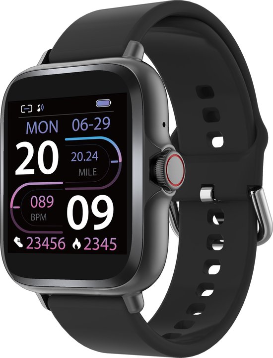 Zwarte smartwatch met een scherm dat maandag 29 juni, hartslag en stappen toont.