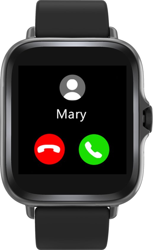 Zwarte smartwatch die een inkomende oproep toont van 'Mary', met opties om op te nemen of te weigeren.