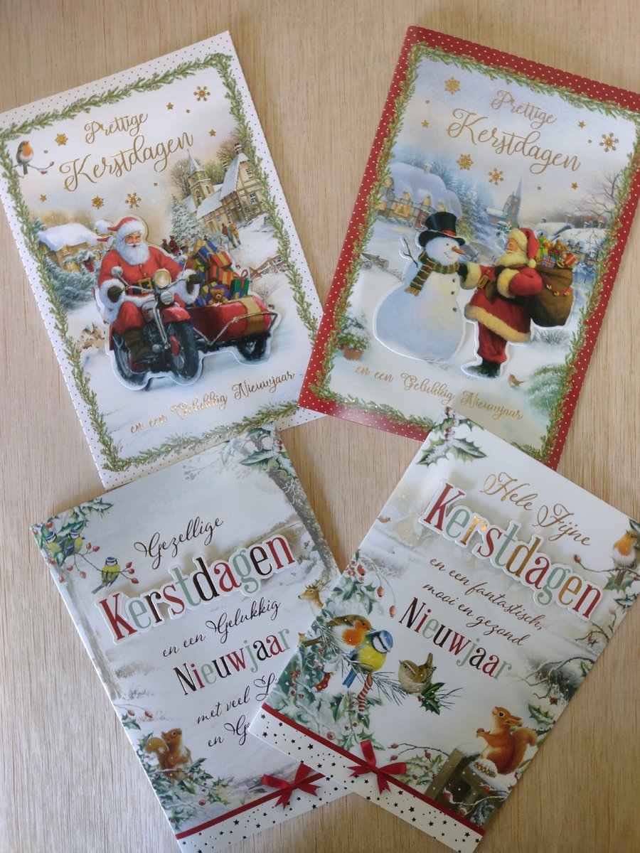 20 Luxe Handmade Kerstkaarten met envelop - 2D - 4 Verschillende dessins - Gevouwen kaart - 12 x 17 - Gezellige Kerstdagen en een Gelukkig Nieuwjaar met veel liefde en gezondheid