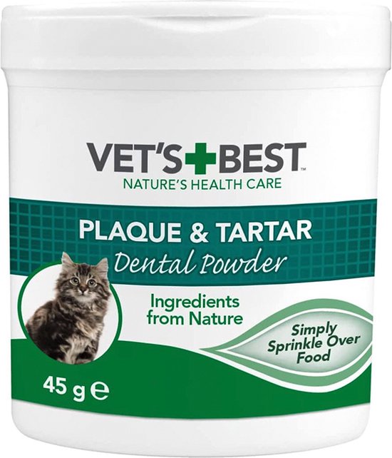 VET'S BEST Plaque & Tartar Dental Powder, 45g. Witte pot met groene tekst. Bevat een afbeelding van een kat.