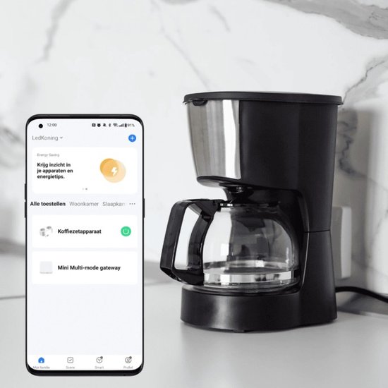 Foto: Slim koffiezetapparaat slimme stekker voor tussen uw koffiezetapparaat en het stopcontact slimme stekker met energiemeting enkelvoudig