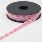 RUBAN JACQUARD/RUBAN TISSÉ de 5 mètres avec motif Fleurs , largeur 12 mm, couleur ROSE FONCÉ