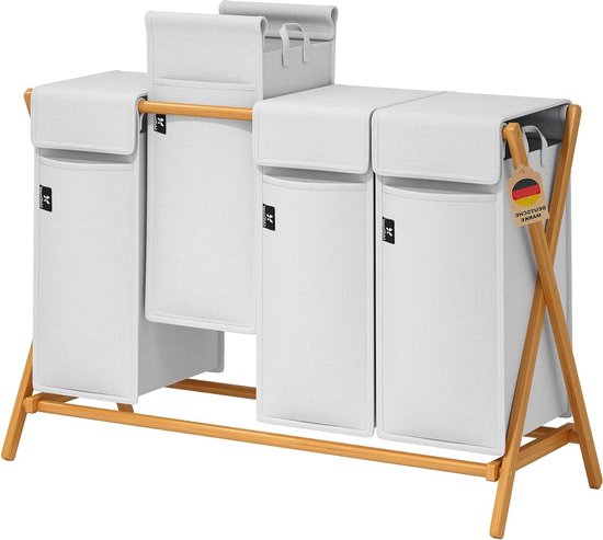 Wasmand met deksel en 2 compartimenten, stabiel, beige, met waszak