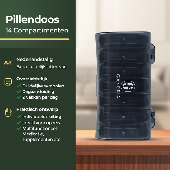 Gandria Pilulier 7 Jours - Pilulier Amovible - Boîte à Médicaments avec 14 Compartiments - Boîte à Médicaments avec Fermeture Robuste - 2 Compartiments par Jour - Zwart