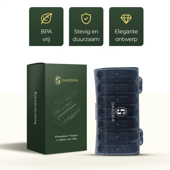Gandria Pilulier 7 Jours - Pilulier Amovible - Boîte à Médicaments avec 14 Compartiments - Boîte à Médicaments avec Fermeture Robuste - 2 Compartiments par Jour - Zwart