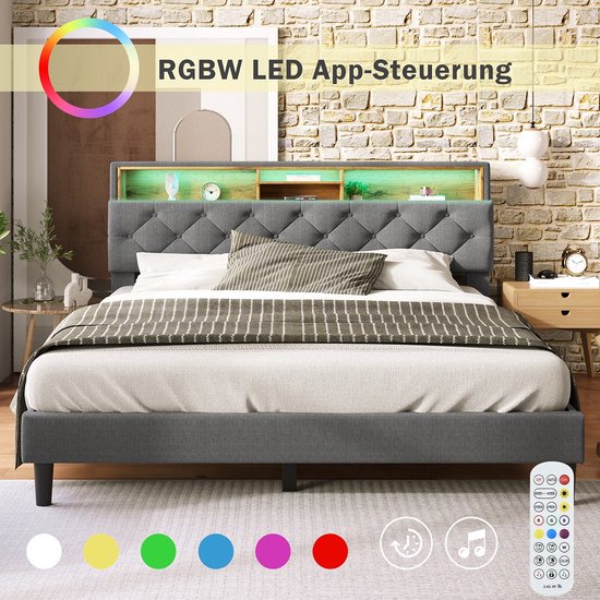 Bedframe 160 x 200 cm met onderstel, tweepersoonsbed met LED, verborgen poten, zwart