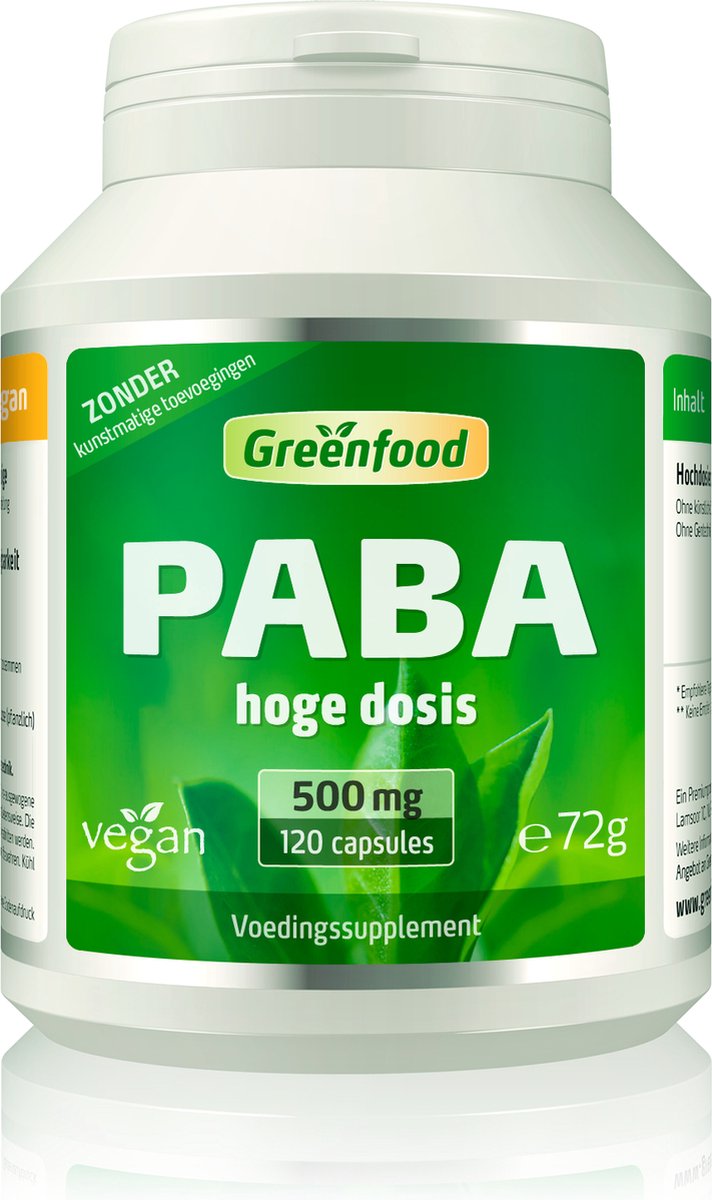 Goedkoopste Greenfood PABA, 500 mg, hoog gedoseerd, 120 capsules - Zonder toevoegingen. Zonder genetische manipulatie. Plantaardige capsules. Veganistisch.
