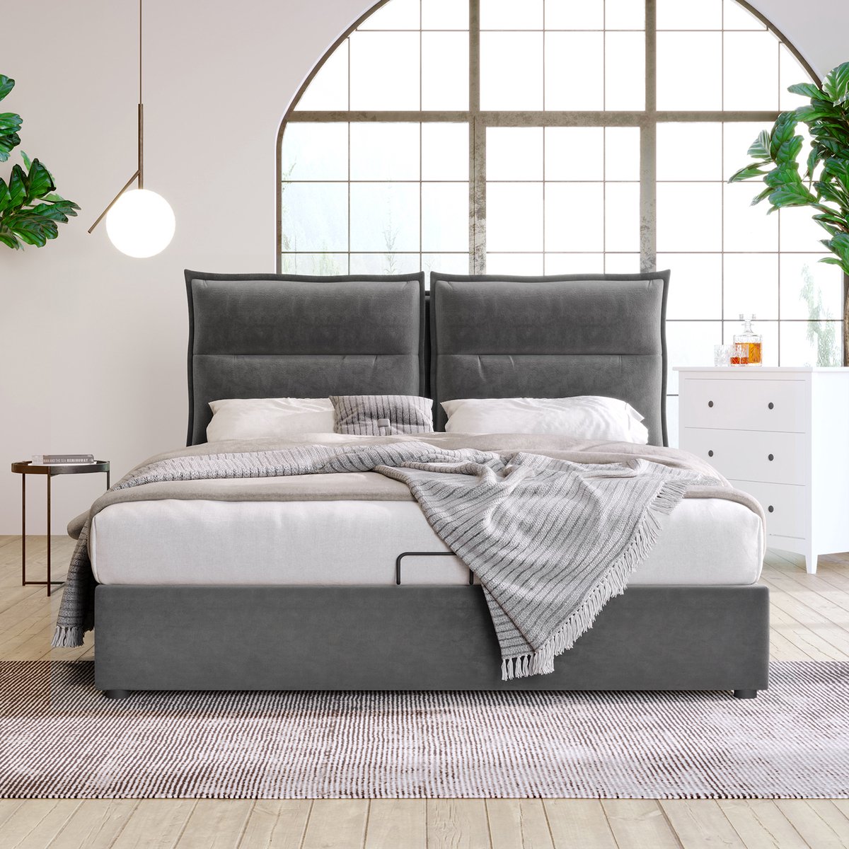 KOMHTOM Bed Tweepersoonsbed 140x200 cm met verstelbaar hoofdeinde met grote opbergruimte grijs met matras