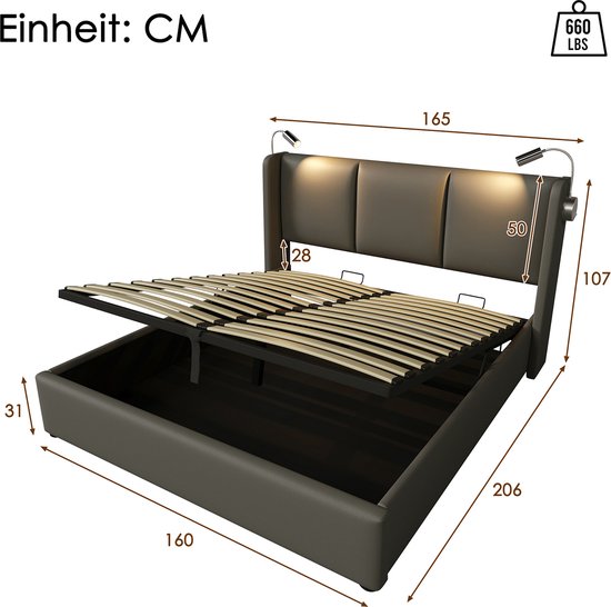 KOMHTOM Rembourré Lit Coffre Avec USB Type C Fonction De Charge Et Rangement Sous Le Lit, Sommier à Lattes, Cadre De Lit, Modernes(sans Matelas) (140× 200cm