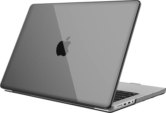 Coque transparente grise pour MacBook Pro 14 pouces, vue de derrière avec l'écran ouvert.