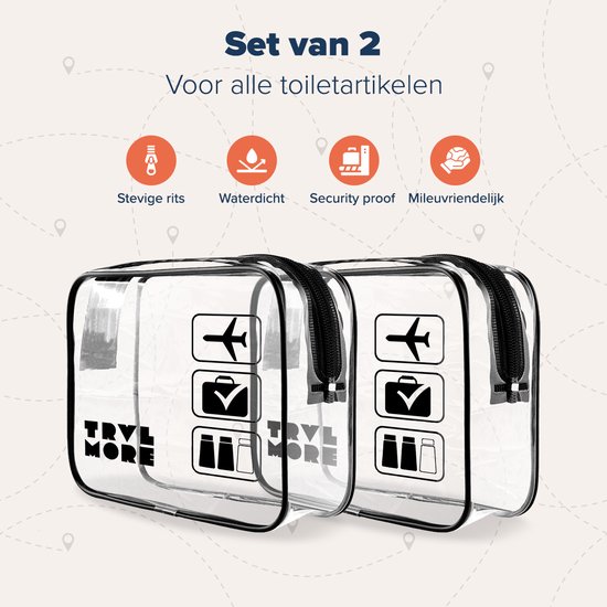 Set van 2 transparante toilettassen met opdruk van een vliegtuig, koffer en flesjes.