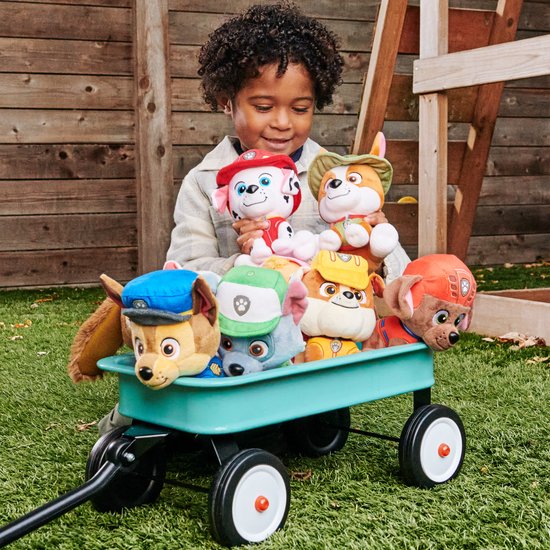 Een jongen met een krullende haar, met een wagentje vol PAW Patrol-knuffels.