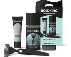 Boldking Start Scheerset Sensitive - 6-delige Set - Shaving set voor Mannen & Vrouwen - Inclusief 2 Scheermesjes, Houder, Zuignap, Scheergel & GRATIS Aftershave Crème in luxe verpakking