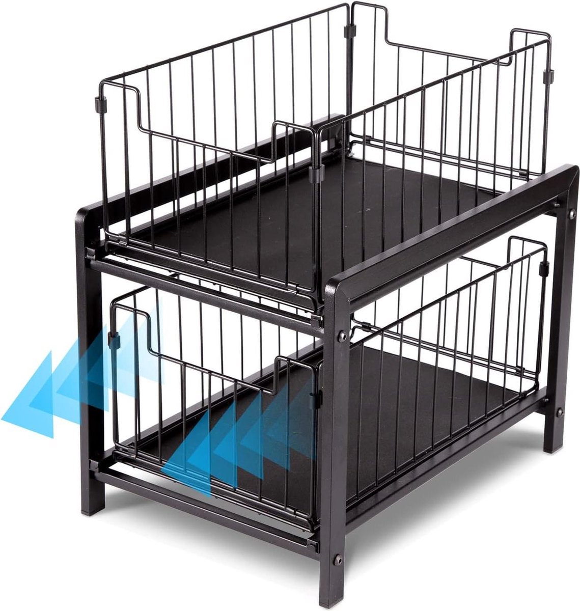 Keukenkast organizer 2 niveaus afneembare opbergmanden zwarte lade opbergrek voorraadkast werkbladen kast 37 x 26 x 385 cm