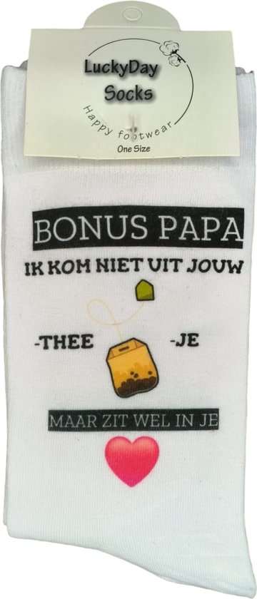Liefste Bonus papa - Bonus vader - Mijn Bonus Papa - Verjaardag - Papa cadeau - Pap -Sokken met tekst - Witte sokken - Cadeau voor man - Kado - Sokken - Verjaardags cadeau voor hem - Vaderdag - LuckyDay Socks - Maat 37-44