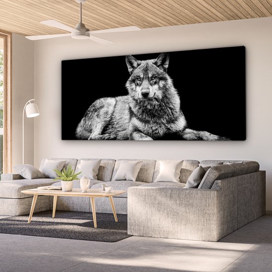 Canvas schilderij - Wilde dieren - Wolf - Zwart - Wit - Foto op canvas - 160x80 cm - Muurdecoratie - Canvas doek