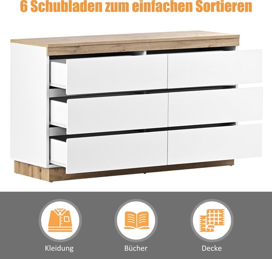 Sweiko Commode à 6 tiroirs, coffre-fort, Fonction de rangement, pour Chambre et salon, Aggloméré E1, Wit et chêne