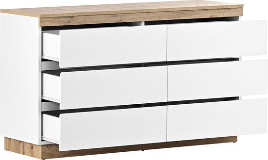 Sweiko Commode à 6 tiroirs, coffre-fort, Fonction de rangement, pour Chambre et salon, Aggloméré E1, Wit et chêne