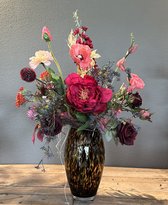 Seta Fiori - Zijden Bloemen Boeket - Glazen Trendy Cheetah Vaas - 65cm -