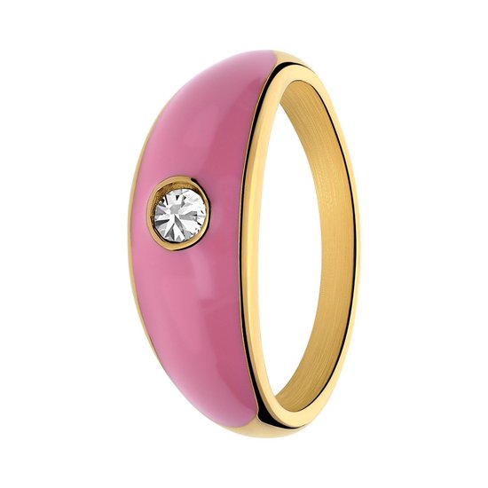 Lucardi Dames Stalen goldplated ring roze emaille met zirkonia - Ring - Staal - Goud - 16 / 50 mm