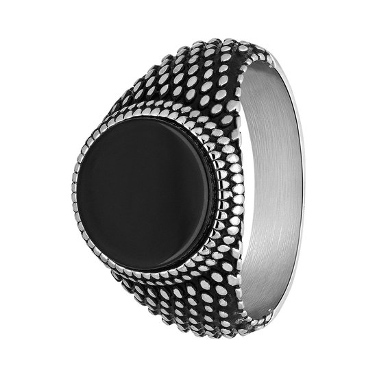 Lucardi Heren Stalen ring met ronde zwarte steen - Ring - Staal - Zilver - 19 / 60 mm