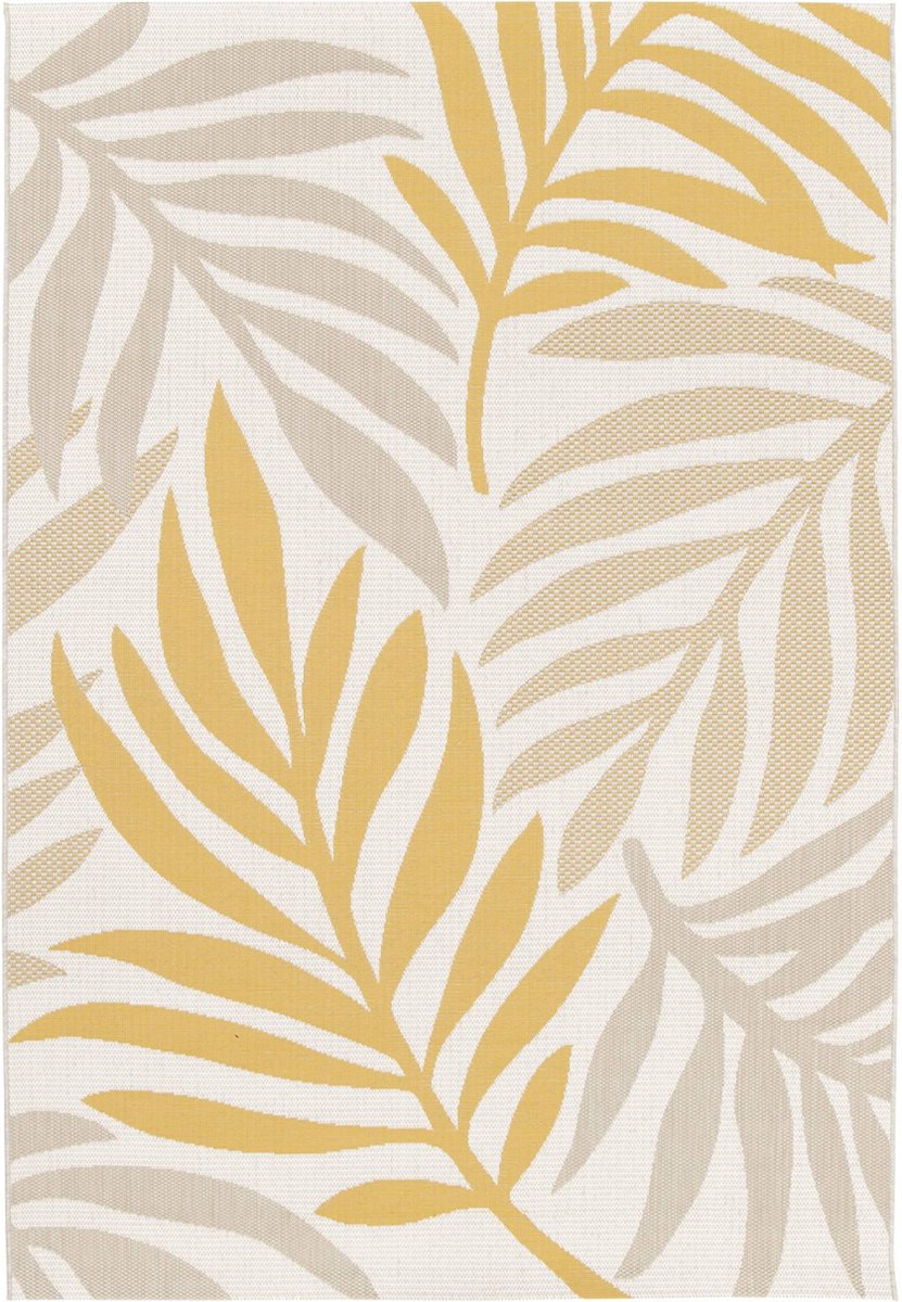 sweeek - Vloerkleed voor binnen en buiten, beige en mosterdkleurig plantenpatroon - bloom