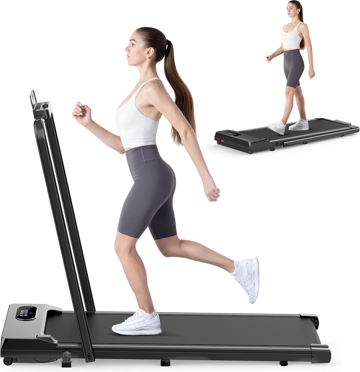 Loopband - Inklapbaar loopband Elektrisch met armleuningen, 1-8 km/u - met afstandsbediening en LCD-display - Walkingpad - Treadmill - Zwart op Prijzenvolger.com