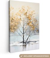 Canvas schilderij bomen 120x180 cm - Winter decoratie goud - Abstract kunstwerk - Slaapkamer muurdecoratie volwassenen - Keukenschilderij canvasdoek - Decoratieve muurdoek keuken - Foto op canvas doek - Abstracte schilderijen woondecoratie