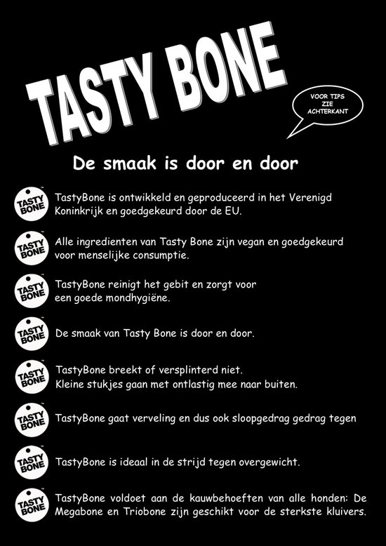 Tekstpagina voor TastyBone, met logo's en productinformatie in het Nederlands.