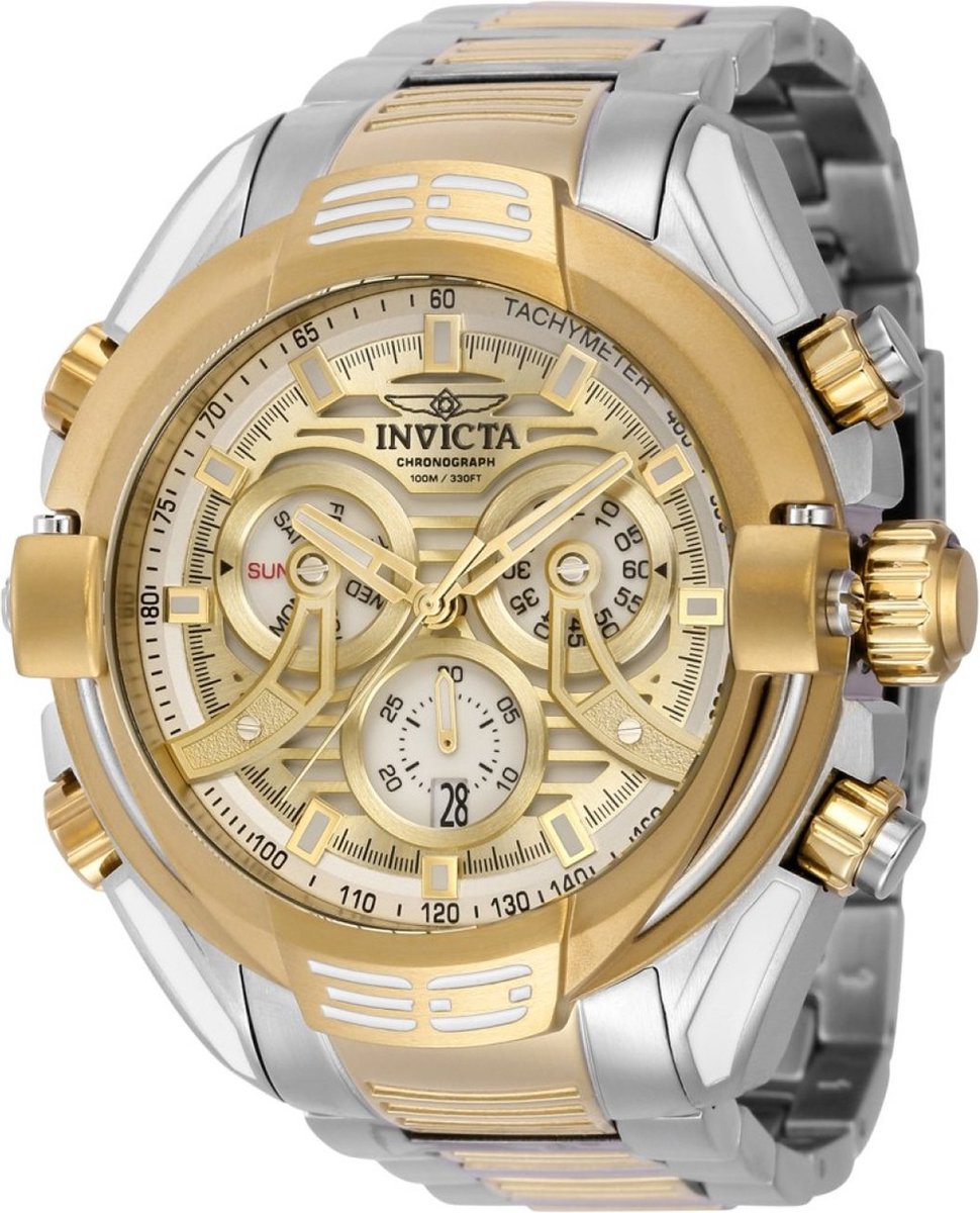 Invicta Mammoth 37529 Heren Horloge - Waterdicht - Analoog - Quartz Uurwerk - Roestvrij Staal met gouden Wijzerplaat -54mm