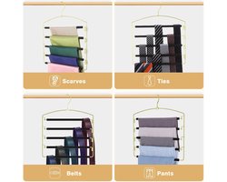 5 Tier Pants Hangers Space Saving 2 Pack Non-Slip Foam Padding Organizer for Trousers - Roylvan Slacks Jeans Scarf Hanging Clothes Hangers with Swing Arm 360 Swivel Hook Black Gold trousers hangers