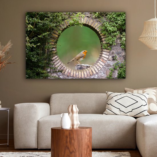 Tableau sur toile Vogel - Vue à travers - Rouge-gorge - 150x100 cm - Décoration murale